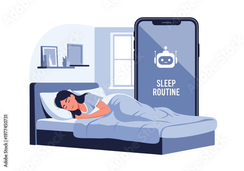 Flat style vector illustration of AI helping person manage sleep routine in bedroom at night, smart assistant improving rest and healthy lifestyle habits