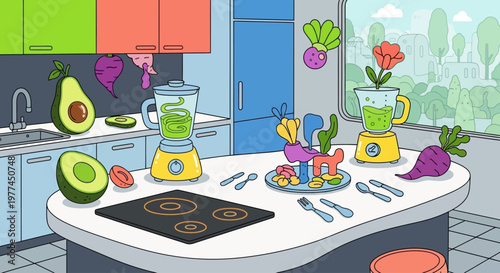 Colorful kitchen counter with fresh food and blenders