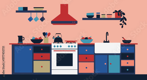 colorful kitchen interior with modern appliances