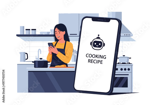 Flat style vector illustration of person using AI cooking recipe on tablet in kitchen, smart assistant guiding meal preparation and home cooking concept