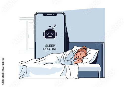 Flat style vector illustration of AI helping person manage sleep routine in bedroom at night, smart assistant improving rest and healthy lifestyle habits