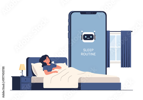 Flat style vector illustration of AI helping person manage sleep routine in bedroom at night, smart assistant improving rest and healthy lifestyle habits