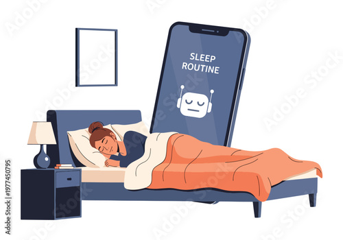 Flat style vector illustration of AI helping person manage sleep routine in bedroom at night, smart assistant improving rest and healthy lifestyle habits