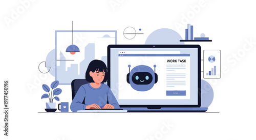 Flat style vector illustration of person using AI assistant on laptop for work tasks, productivity and digital automation in modern workspace environment