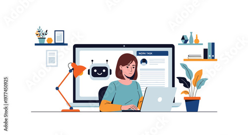 Flat style vector illustration of person using AI assistant on laptop for work tasks, productivity and digital automation in modern workspace environment