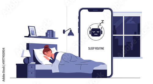 Flat style vector illustration of AI helping person manage sleep routine in bedroom at night, smart assistant improving rest and healthy lifestyle habits