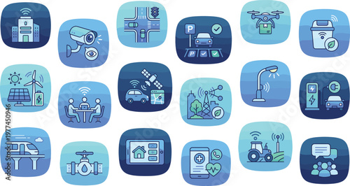 Smart city gradient icons set including IoT devices energy transport security communication automation modern urban technology vector collection