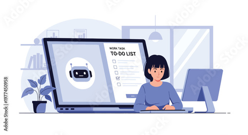 Flat style vector illustration of person using AI assistant on laptop for work tasks, productivity and digital automation in modern workspace environment