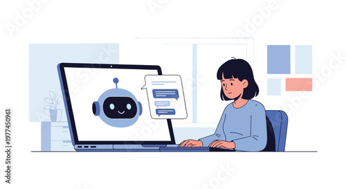 Flat style vector illustration of person using AI assistant on laptop for work tasks, productivity and digital automation in modern workspace environment