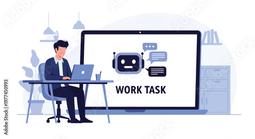 Flat style vector illustration of person using AI assistant on laptop for work tasks, productivity and digital automation in modern workspace environment