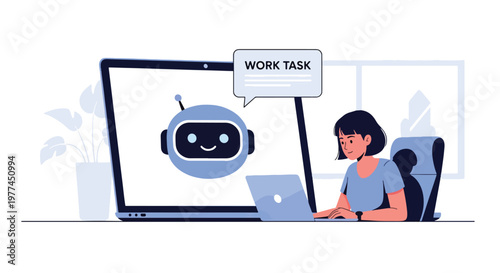Flat style vector illustration of person using AI assistant on laptop for work tasks, productivity and digital automation in modern workspace environment