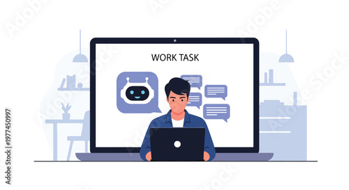 Flat style vector illustration of person using AI assistant on laptop for work tasks, productivity and digital automation in modern workspace environment