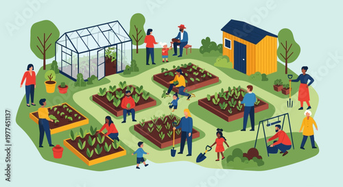 Community garden with people working and socializing