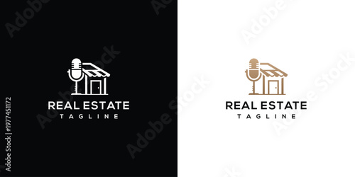 Modern Real Estate Podcast Logo Design with House and Microphone Icon
