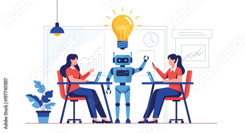 Flat style vector illustration of person brainstorming ideas with AI chatbot on screen, creative thinking and digital collaboration concept in modern style