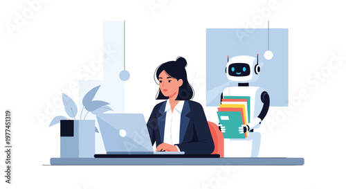 Flat style vector illustration of AI summarizing documents on laptop screen, smart content processing and productivity improvement using artificial intelligence tools