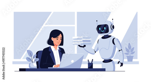 Flat style vector illustration of AI summarizing documents on laptop screen, smart content processing and productivity improvement using artificial intelligence tools