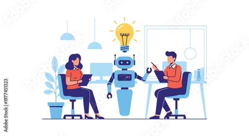 Flat style vector illustration of person brainstorming ideas with AI chatbot on screen, creative thinking and digital collaboration concept in modern style