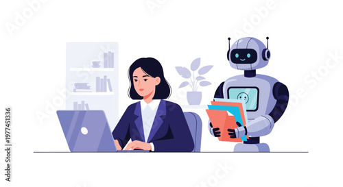 Flat style vector illustration of AI summarizing documents on laptop screen, smart content processing and productivity improvement using artificial intelligence tools