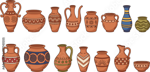 Traditional Pottery and Ceramic Vases with Unique Patterns and Designs for Home Decor and Artistic Illustrations