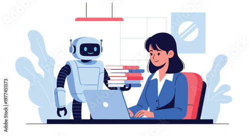 Flat style vector illustration of AI summarizing documents on laptop screen, smart content processing and productivity improvement using artificial intelligence tools