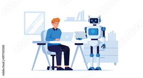 Flat style vector illustration of AI summarizing documents on laptop screen, smart content processing and productivity improvement using artificial intelligence tools