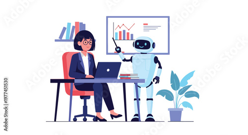 Flat style vector illustration of AI helping analyze data with charts on screen, business intelligence and analytics workflow using modern artificial intelligence tools