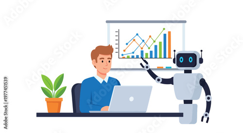 Flat style vector illustration of AI helping analyze data with charts on screen, business intelligence and analytics workflow using modern artificial intelligence tools