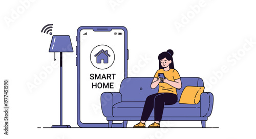Flat style vector illustration of AI controlling smart home lights using smartphone, home automation and connected living technology concept in modern environment