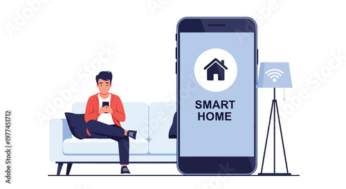 Flat style vector illustration of AI controlling smart home lights using smartphone, home automation and connected living technology concept in modern environment