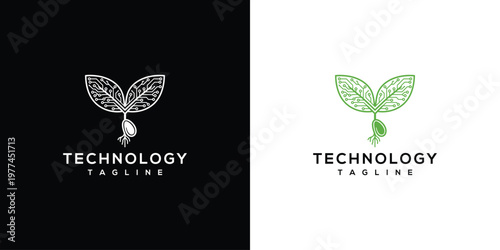 Technology Plant Sprout Logo Concept with Circuit Board Leaves and Key Symbol