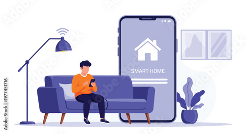 Flat style vector illustration of AI controlling smart home lights using smartphone, home automation and connected living technology concept in modern environment