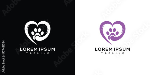 Pet Love Paw Print Heart Logo Design Concept