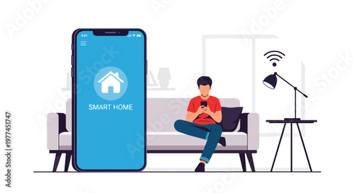 Flat style vector illustration of AI controlling smart home lights using smartphone, home automation and connected living technology concept in modern environment