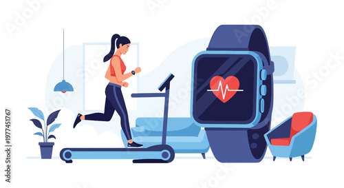 Flat style vector illustration of AI tracking fitness activity on smartwatch, health monitoring and wellness technology supporting active lifestyle