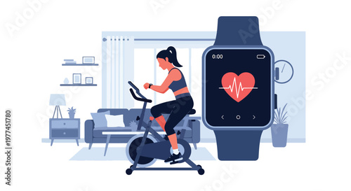 Flat style vector illustration of AI tracking fitness activity on smartwatch, health monitoring and wellness technology supporting active lifestyle