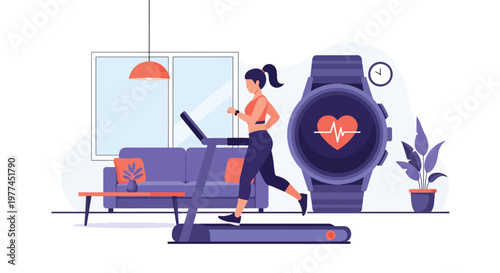 Flat style vector illustration of AI tracking fitness activity on smartwatch, health monitoring and wellness technology supporting active lifestyle