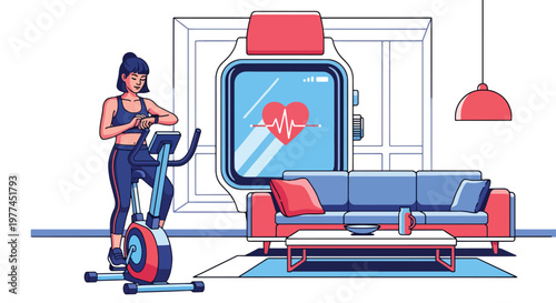 Flat style vector illustration of AI tracking fitness activity on smartwatch, health monitoring and wellness technology supporting active lifestyle