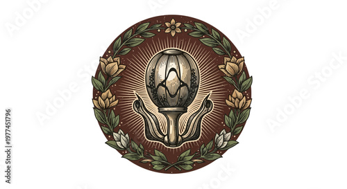 ornate botanical emblem with floral wreath and central bud illustration