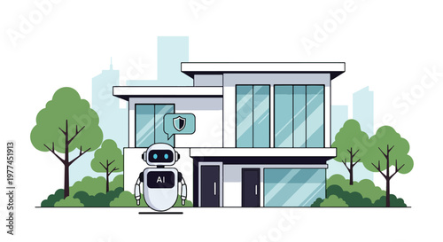 Flat style vector illustration of AI managing home security, home protection and monitoring system in modern digital lifestyle