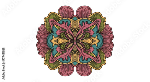 Intricate highly refined botanical engraving style decorative motif with symmetrical floral design