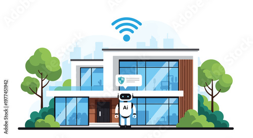 Flat style vector illustration of AI managing home security, home protection and monitoring system in modern digital lifestyle