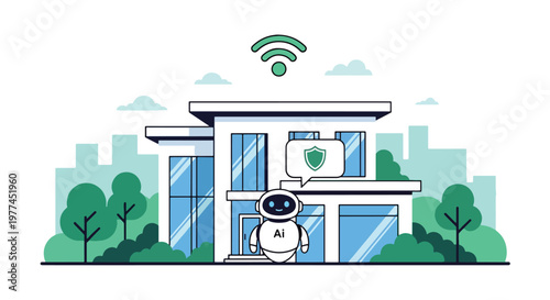 Flat style vector illustration of AI managing home security, home protection and monitoring system in modern digital lifestyle