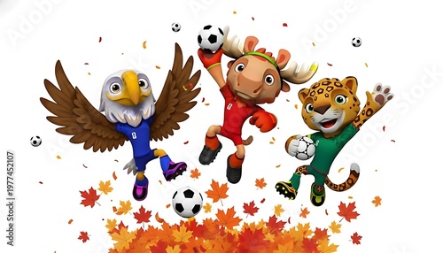 Cartoon animals playing soccer with autumn leaves.