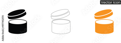 Vector icons of open cylindrical containers in black, Line art, And orange on white background