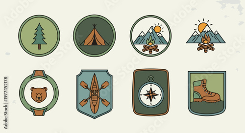 Modern Vintage Adventure Logos Featuring Mountains, Camping, and Nature Elements
