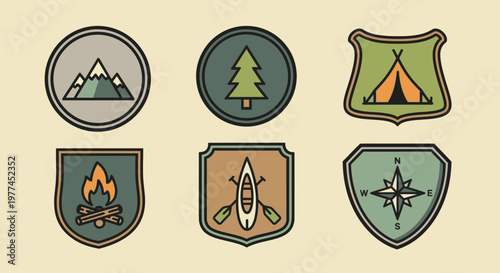Set of 6 Outdoor Adventure Badges and Camping Icons