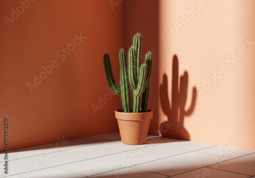 Potted cactus in a corner with soft sunlight and shadow