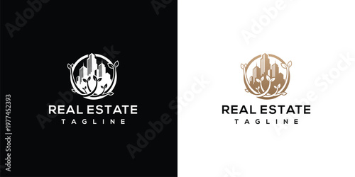 Luxury Real Estate Logo Design with City Skyline and Ornate Frame