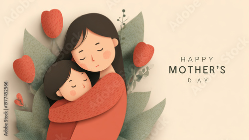 Mothers Day, Valentines Day, love holiday theme. A mother and child embracing in a loving hug surrounded by vibrant red flowers and lush green leaves. The background is a soft cream color.